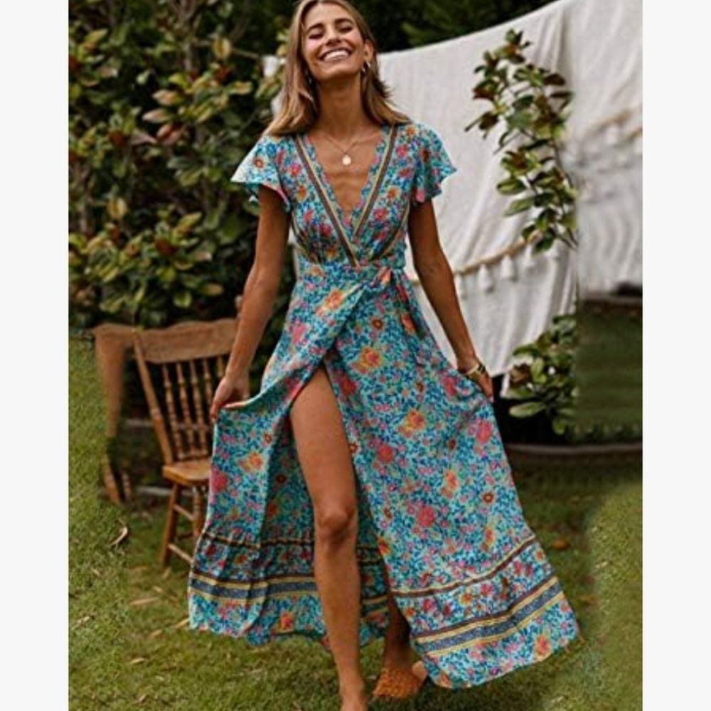 Lot Of 2 Wrap Dresses Maxi Dress Boho Leg Slit Belted Red And Blue XL - Picture 8 of 10